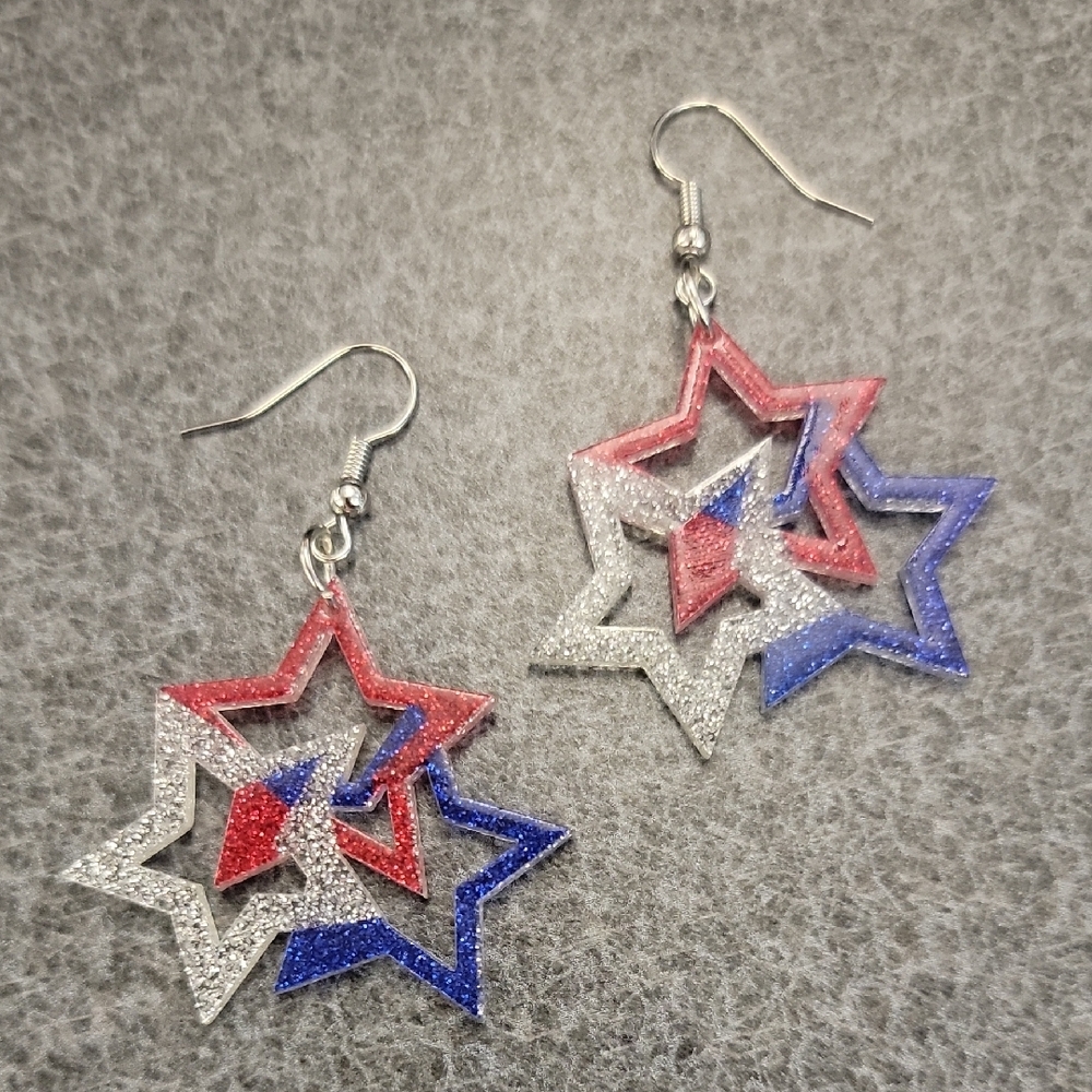 Red, Silver, and Blue Star Earrings